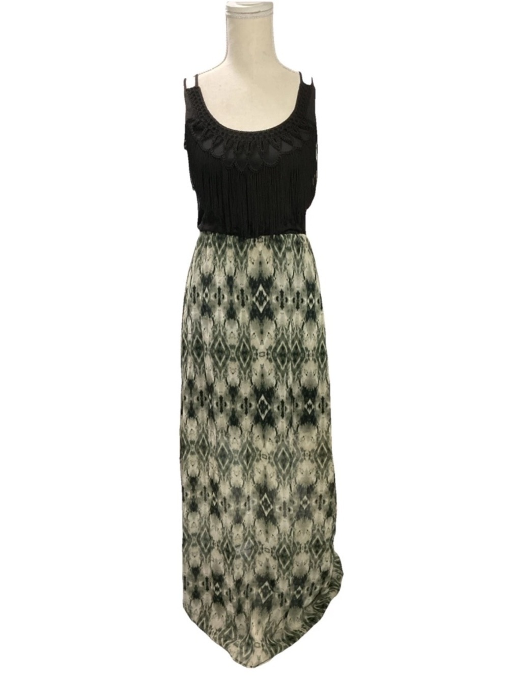 Studio Y Black Fringe Bodice Maxi Dress with Green Patterned Skirt Small